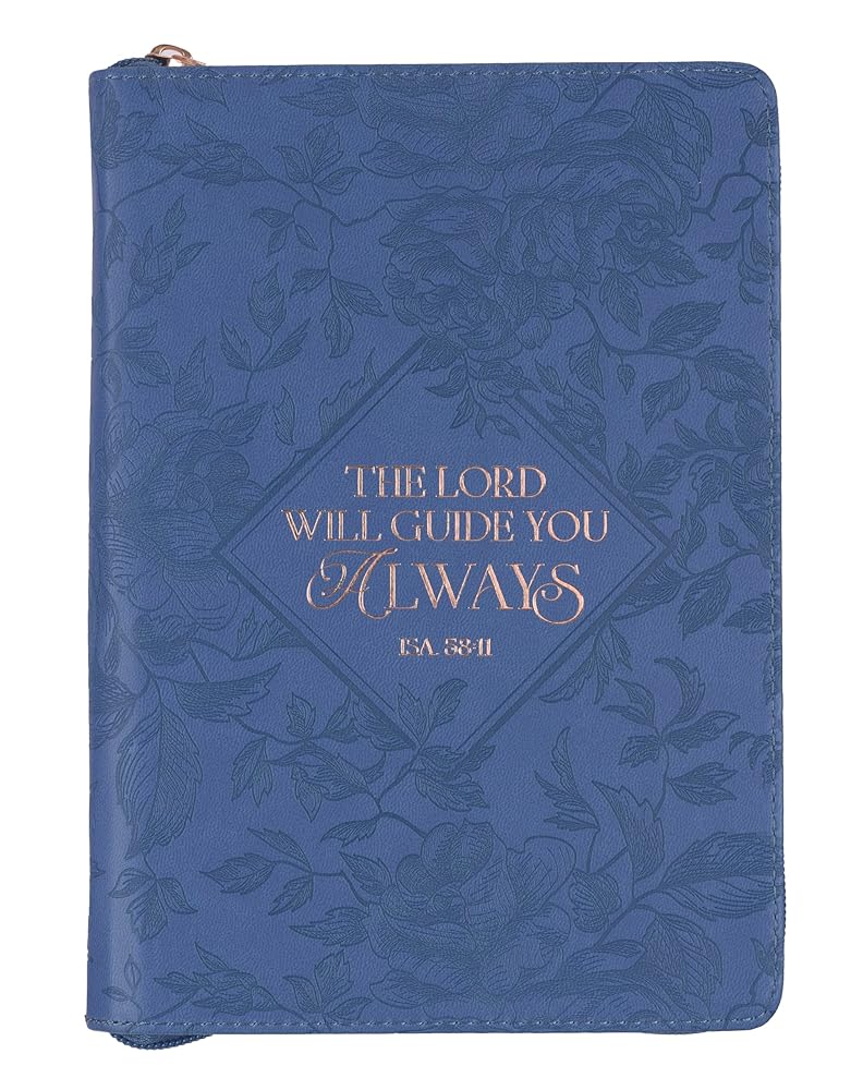 Christian Art Gifts Blue Vegan Leather Zipped Journal, Inspirational Women’s Notebook The Lord Will Guide Scripture, Flexible Cover, 336 Ruled Pages, Ribbon Bookmark, Isa. 58:11 Bible Verse cover image