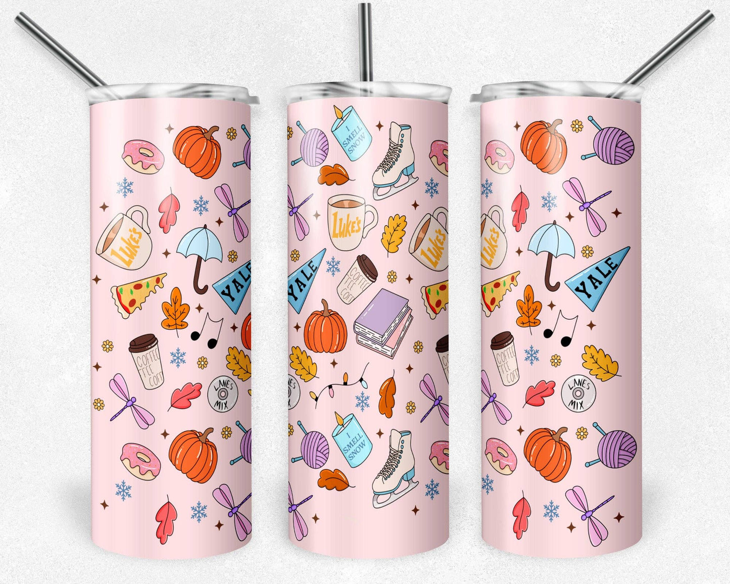 20 oz Skinny Tumbler, Gilmore Icons on Pink